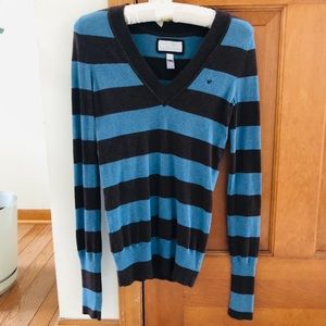 American Eagle blue & brown striped v-neck sweater